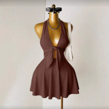 Cross-border European and American summer new fashion sexy solid color V-neck strap tight-fitting short dress for women
