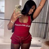 FC1243 European and American cross-border fashion printed tank top and shorts U-series set in grass green and deep red for Africa