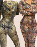 FC1504 European and American cross-border fashion sexy slim-fit leopard print hooded long-sleeve zip-up printed suit
