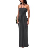 New European and American cross-border fashion sexy solid color strapless halter neck tie holiday style long dress