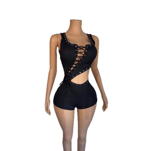 FC1429 European and American women's fashion strapless sexy navel-revealing asymmetrical sleeveless T-shirt jumpsuit shorts