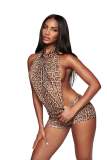 New European and American cross-border fashion sexy IAMGIA printed sleeveless leopard print halter neck backless jumpsuit shorts for women