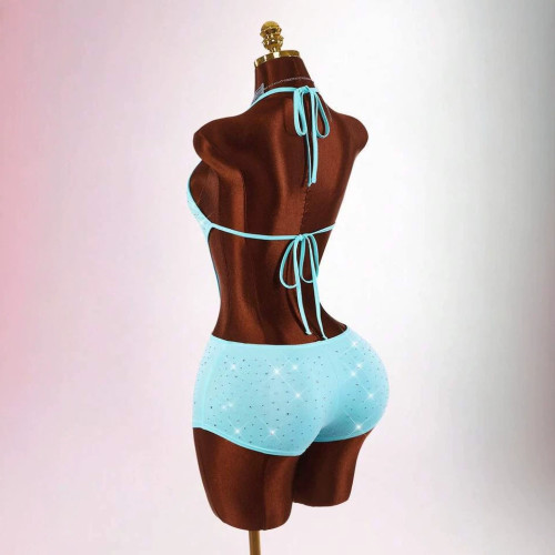 New European and American cross-border foreign trade sexy halter-neck tie-back backless rhinestone sleeveless short jumpsuit for women