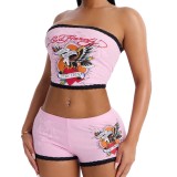 Cross-border European and American summer new fashion sexy strapless printed crop top and shorts set for women