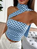 Cross-border European and American summer new style foreign trade hot girl printed polka dot one-shoulder sleeveless short slim-fit tank top with ribbons