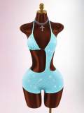 New European and American cross-border foreign trade sexy halter-neck tie-back backless rhinestone sleeveless short jumpsuit for women