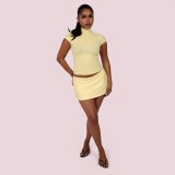 FC1491 European and American cross-border hot girl pink and yellow slim-fit half-high collar solid color short-sleeve top and bodycon skirt casual set