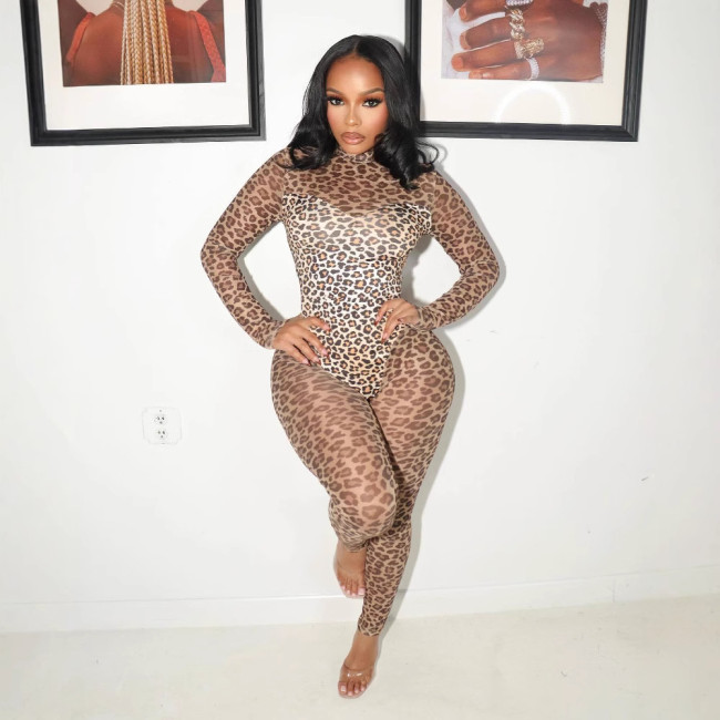 Y600630 New European and American Style Jumpsuit for Cross-Border Trade, Slim-Fit Long-Sleeve Sexy See-Through Slimming Bodysuit
