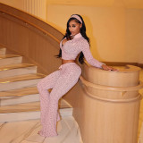 New European and American cross-border fashion casual printed zip-up long-sleeve crop top with tie-up pants set