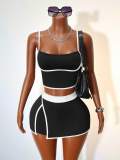 Cross-border European and American summer new fashion casual sports color-blocked striped tank top and bodycon short skirt set