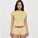 New Valentine's Day Heart Print Contrast Color Basic Slim-Fit Short Sleeve Shorts Casual Home Wear Set for Women
