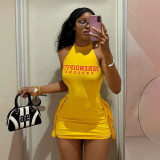 Cross-border European and American summer new fashion sexy solid color printed halter neck tie-waist tank dress