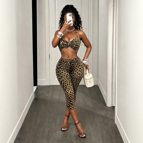 FC1505 European and American cross-border women's fashion hot-selling sexy leopard print camisole top and tight pants set