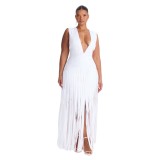 Cross-border European and American foreign trade summer new fashion sexy deep V-neck bandage tassel double-layer long dress women's clothing