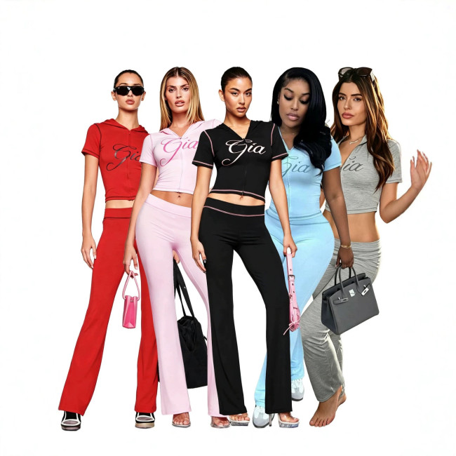 Cross-border European and American summer new fashion casual printed short-sleeve hooded jacket and hip-hugging long pants women's outfit