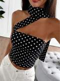 Cross-border European and American summer new style foreign trade hot girl printed polka dot one-shoulder sleeveless short slim-fit tank top with ribbons