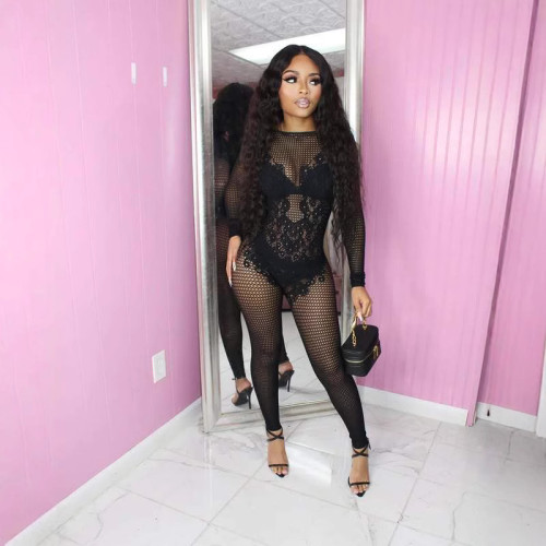 Y005 European and American cross-fashion women's sexy mesh jumpsuit
