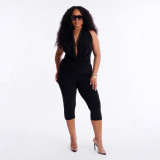 Cross-border European and American summer new foreign trade sexy hot girl rivet halter neck deep V-neck backless three-quarter jumpsuit