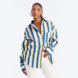 Cross-border European and American autumn new fashion casual striped long-sleeve shirt, loose and versatile outerwear for women