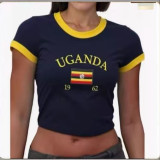Cross-border European and American foreign trade wholesale INS letter country embroidered women's short-sleeve tight-fitting top