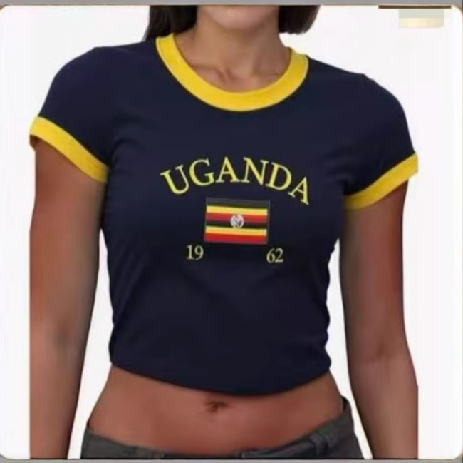 Cross-border European and American foreign trade wholesale INS letter country embroidered women's short-sleeve tight-fitting top
