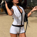 Cross-border European and American summer new fashion casual color-blocking zip-up vest and tight shorts two-piece women's outfit