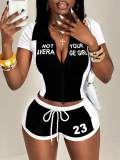 Cross-border European and American summer foreign trade fashion casual sleeveless letter print zip-up top and shorts set for women