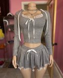 Y500508 Lace Patchwork Gray Short T-shirt Hoodie Hot Girl Outfit Women's Autumn A-line Skirt Casual