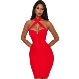 New European and American style cross-border fashion solid color bandage cross halter neck ribbed slim fit bodycon dress for women