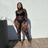 Y6634 European and American trendy women's lace see-through sexy jumpsuit