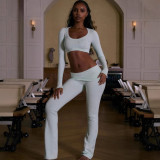 Cross-border European and American summer new sports casual solid color slim-fit cropped long-sleeve top and pants set
