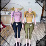Y300341 European and American fashion mesh hot girl letter print short cropped half-sleeve T-shirt fashion set