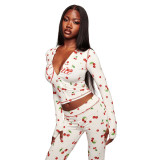 Cross-border European and American summer new fashion casual printed cherry zip-up hooded top and hip-hugging long pants set