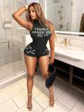 Cross-border European and American summer fashion high-neck printed letter sleeveless mesh jumpsuit shorts set for women