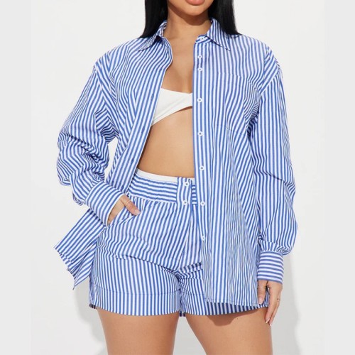 Spring cross-border European and American women's striped long-sleeve button-front short suit with a turn-down collar