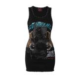 FC1492 European and American cross-border hot girl style portrait print sleeveless tank dress in pink, slim fit, milk silk, bodycon