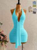 Cross-border European and American summer new fashion sexy deep V-neck halter neck ruched bodycon short dress for women