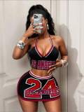 Cross-border European and American summer new foreign trade sexy hot girl halter neck letter print camisole top and short skirt set
