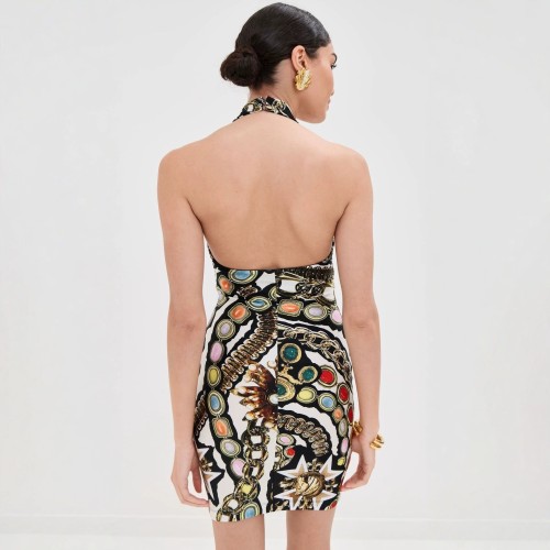 FC1467 European and American fashion cross-border retro hot girl geometric print tight halter neck dress with unique street style pattern