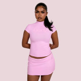 FC1491 European and American cross-border hot girl pink and yellow slim-fit half-high collar solid color short-sleeve top and bodycon skirt casual set