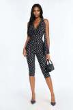 New European and American cross-border fashion printed polka dot halter neck deep V backless lace-up slim-fit jumpsuit for women