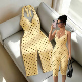 Cross-border European and American summer new fashion sexy deep V-neck halter neck tie-dye printed polka dot backless jumpsuit