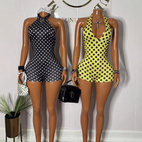 Cross-border European and American summer new fashion sexy sleeveless halter neck printed polka dot slim-fit jumpsuit for women