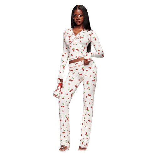 Cross-border European and American summer new fashion casual printed cherry zip-up hooded top and hip-hugging long pants set