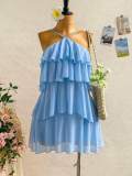 Cross-border European and American summer new foreign trade resort style sexy halter neck tie-back sleeveless ruffle cake dress for women
