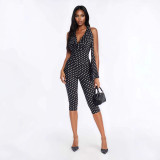 New European and American cross-border fashion printed polka dot halter neck deep V backless lace-up slim-fit jumpsuit for women