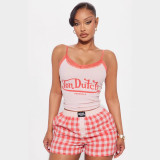 Cross-border European and American summer foreign trade fashion casual printed letter camisole top and plaid shorts set for women