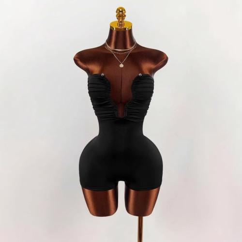 Cross-border European and American summer new fashion sexy off-shoulder hollow-out metal buckle strapless sleeveless jumpsuit women's clothing