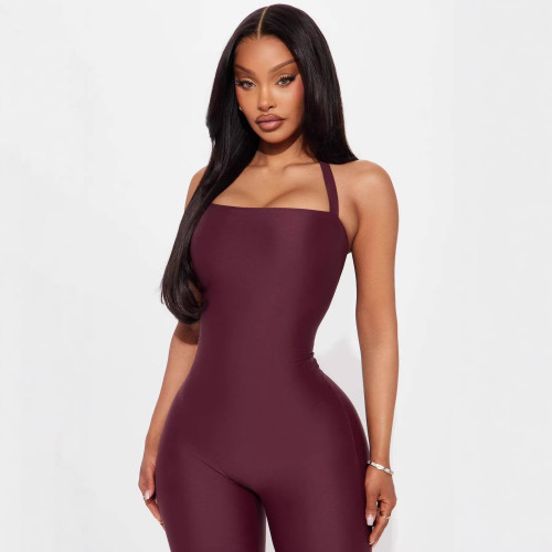 New European and American style cross-border fashion solid color halter neck strapless backless stretchy bodycon jumpsuit for women