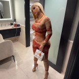 FC1310 European and American women's spring new style mesh printed round-neck long-sleeve top and tight-fitting long pants two-piece set